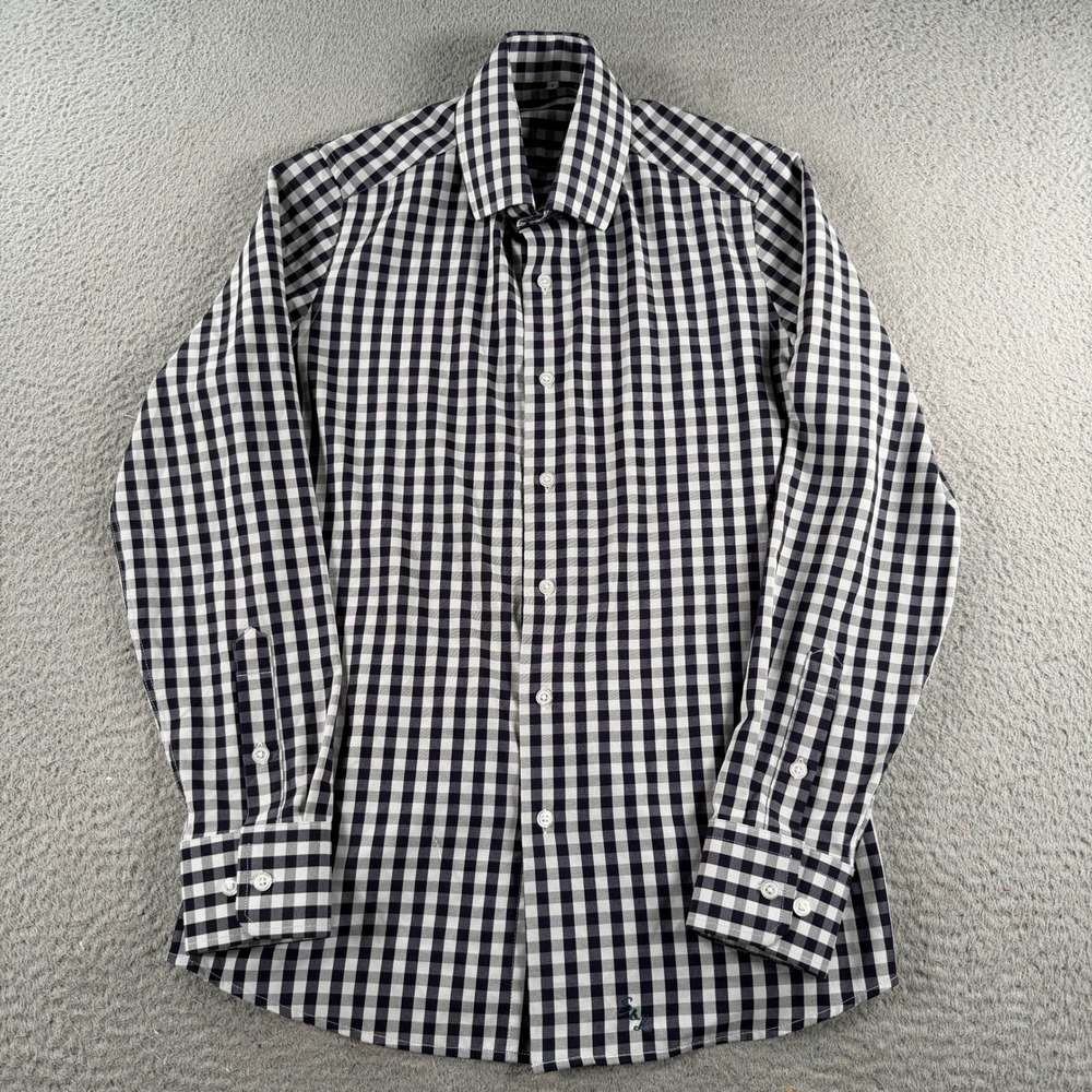 State and Liberty Dress Shirt Mens Small Navy White Gingham Performance Stretch